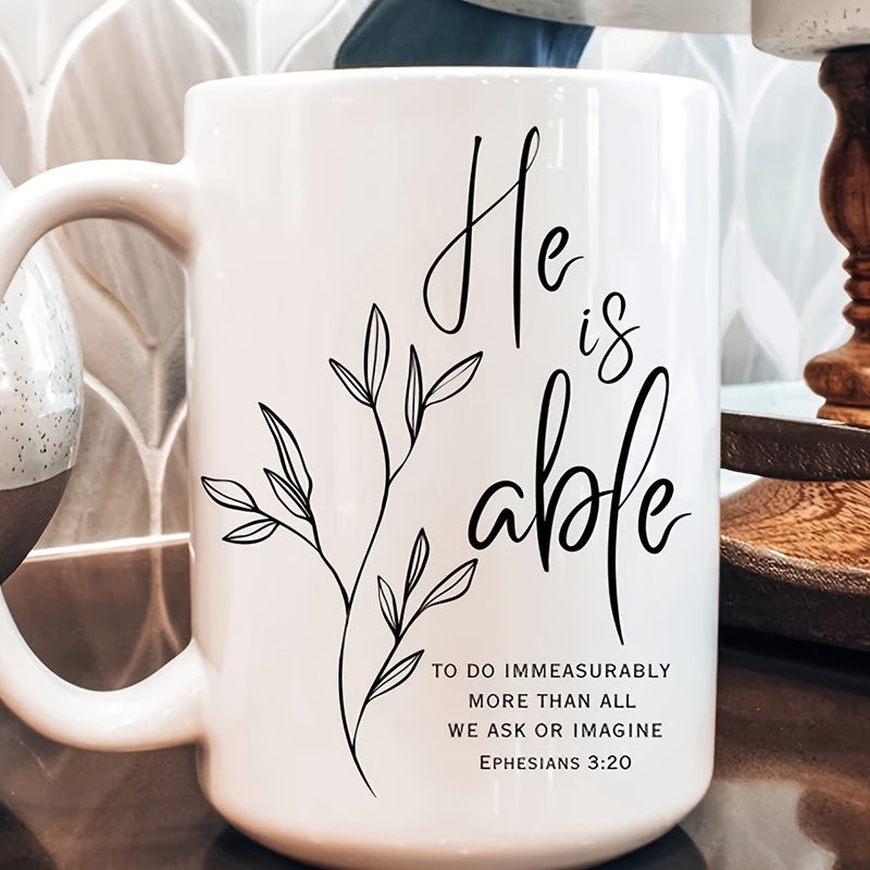 Tailorly White Ceramic 11 oz Mug - He Is Able Ephesians 3 20 Minimalist Black Line Art Drawing Of Elegant Botanical Leaves Branch