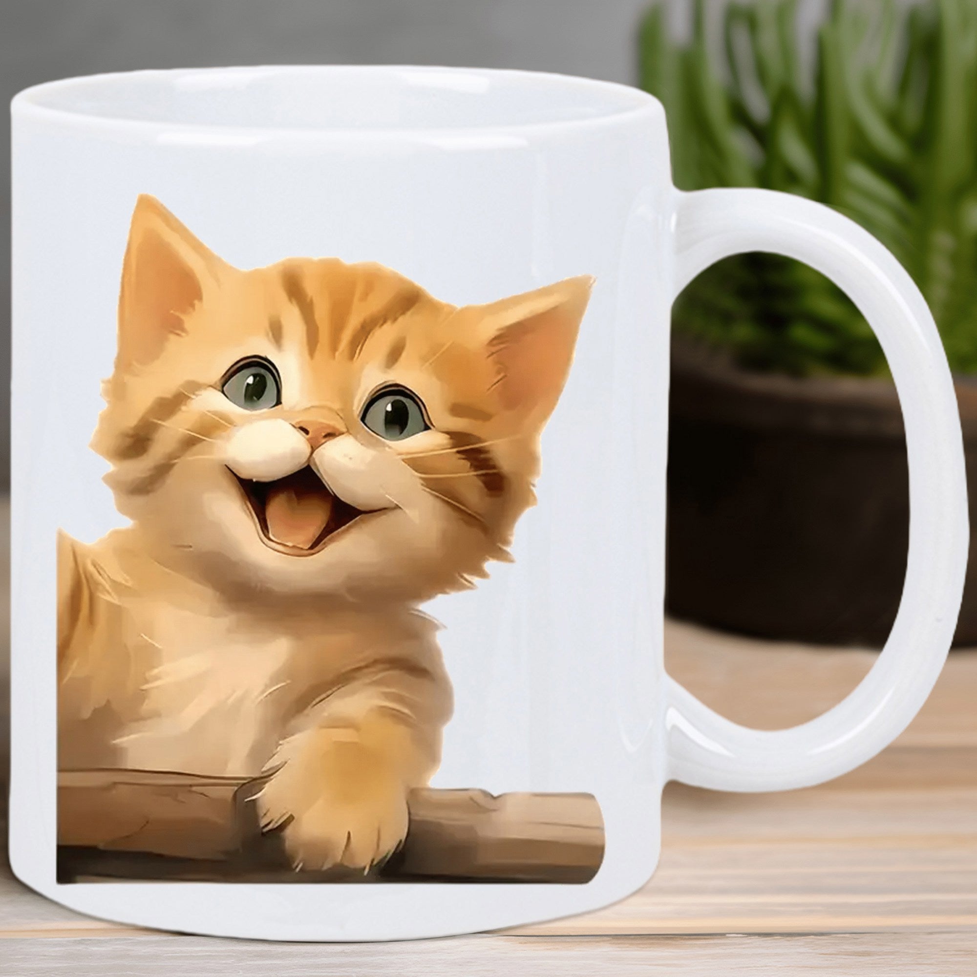 Tailorly White Ceramic 11 oz Mug - Adorable Ginger Tabby Cat Smiling While Peeking Over A Wooden Ledge Kitten