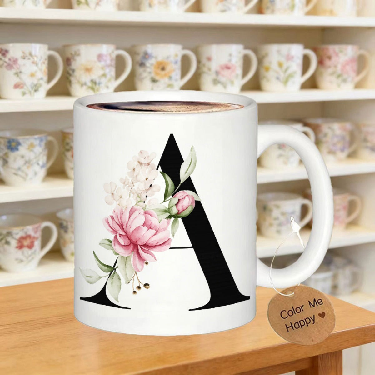 Tailorly White Ceramic 11 oz Mug - Color Me Happy Elegant Black Monogram Letter A With Soft Pink Floral Bloom Mug