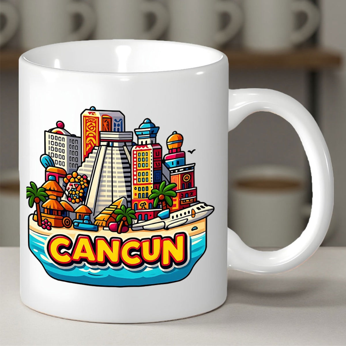 Tailorly White Ceramic 11 oz Mug - Cancun Vibrant Tropical Skyline With Ancient Pyramids Palm Trees And Airplane Skyline