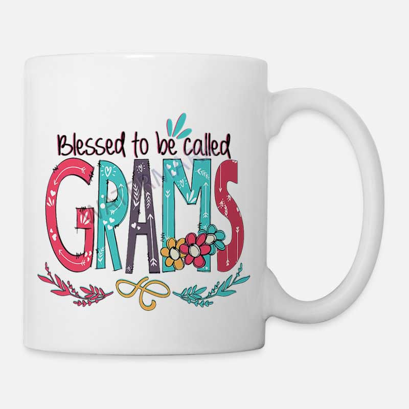 Tailorly White Ceramic 11 oz Mug - Blessed To Be Called Grams Decorative Floral Elements Among Vibrant Artistic Lettering Grams