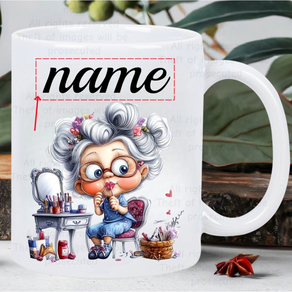 Tailorly White Ceramic 11 oz Mug - Name Charming Cartoon Character With Grey Hair Sitting Near Cosmetic Table Lady