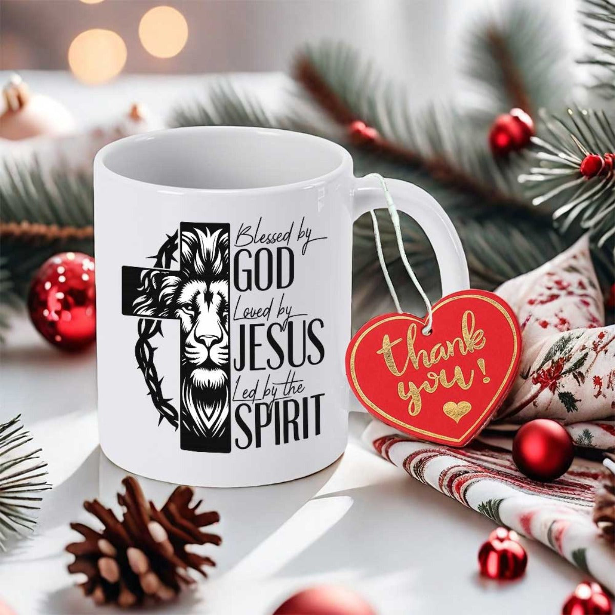 Tailorly White Ceramic 11 oz Mug - Blessed By God Loved By Jesus Led By The Spirit Sacred Christian Cross Pattern Combined With A Majestic Powerful King Lion