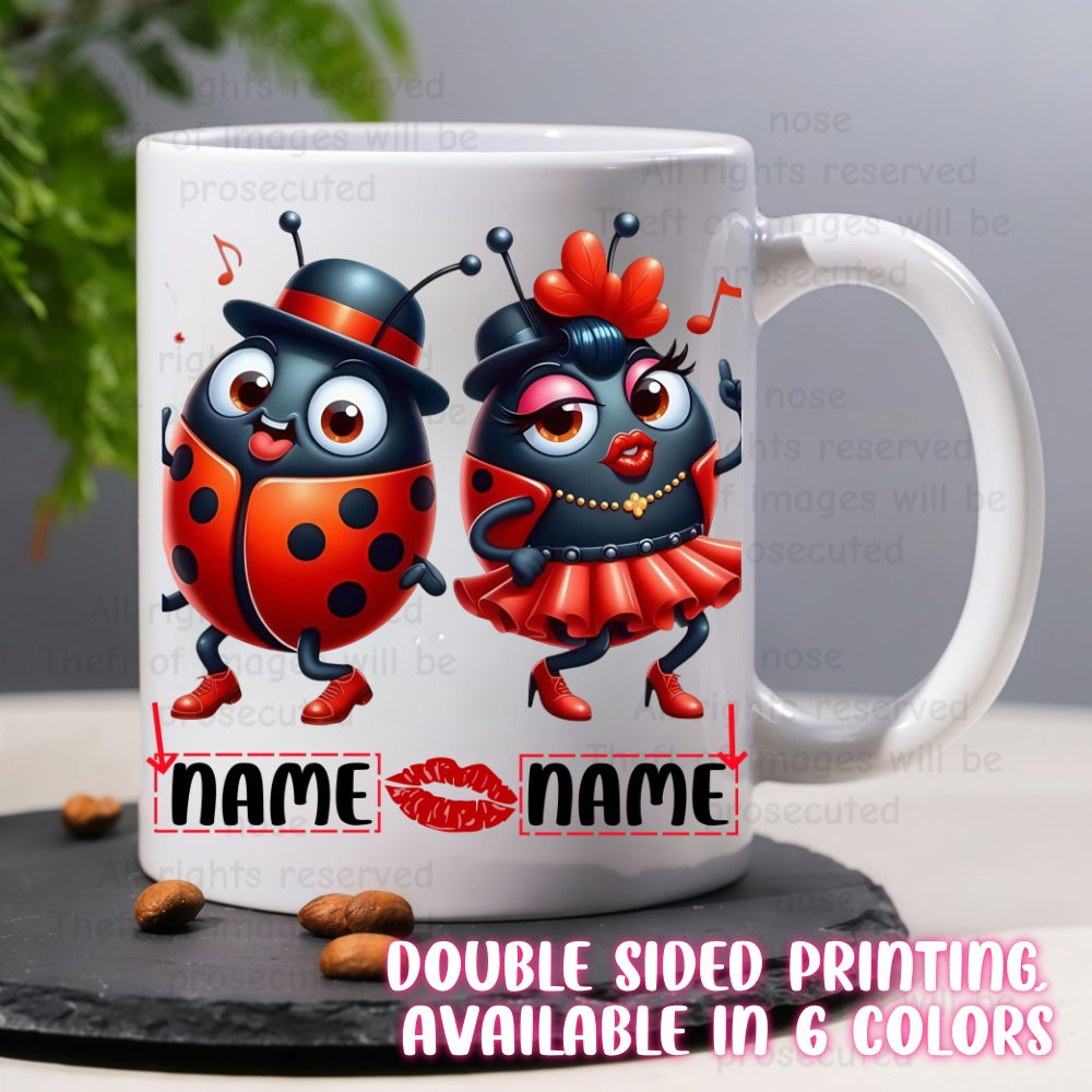 Tailorly White Ceramic 11 oz Mug - Name Name Vibrant Dancing Beetle Couple Wearing Hats And Fancy Red Shoes Ladybug
