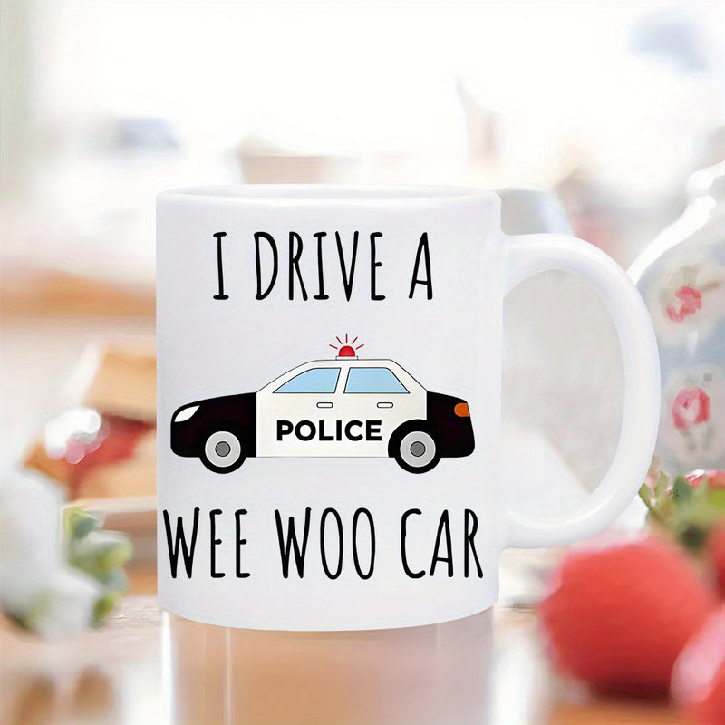 Tailorly White Ceramic 11 oz Mug - I Drive A Wee Woo Car Police Simple Cartoon Vehicle With Red Flashing Emergency Siren Lights Car