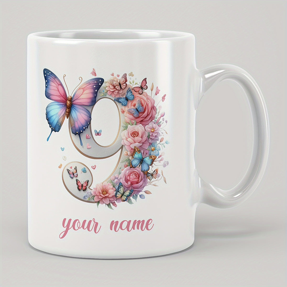 Tailorly White Ceramic 11 oz Mug - Your Name Watercolor Pink Roses And Colorful Butterflies Decorating Large Number Nine Butterfly