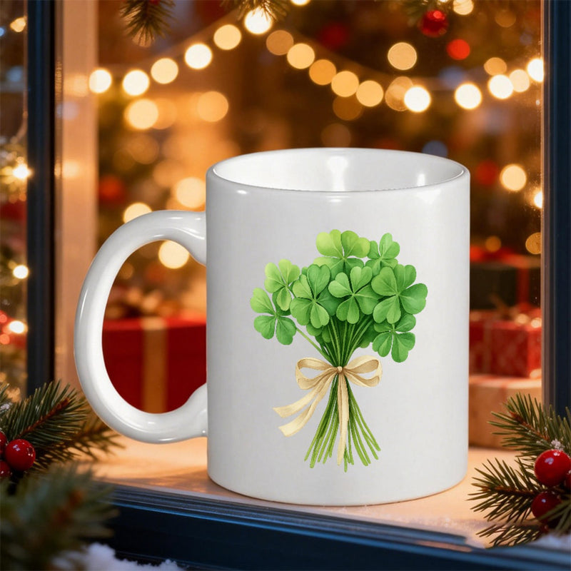 Tailorly White Ceramic 11 oz Mug - Vibrant Green Shamrocks Tied Together With A Delicate Cream Ribbon Shamrock