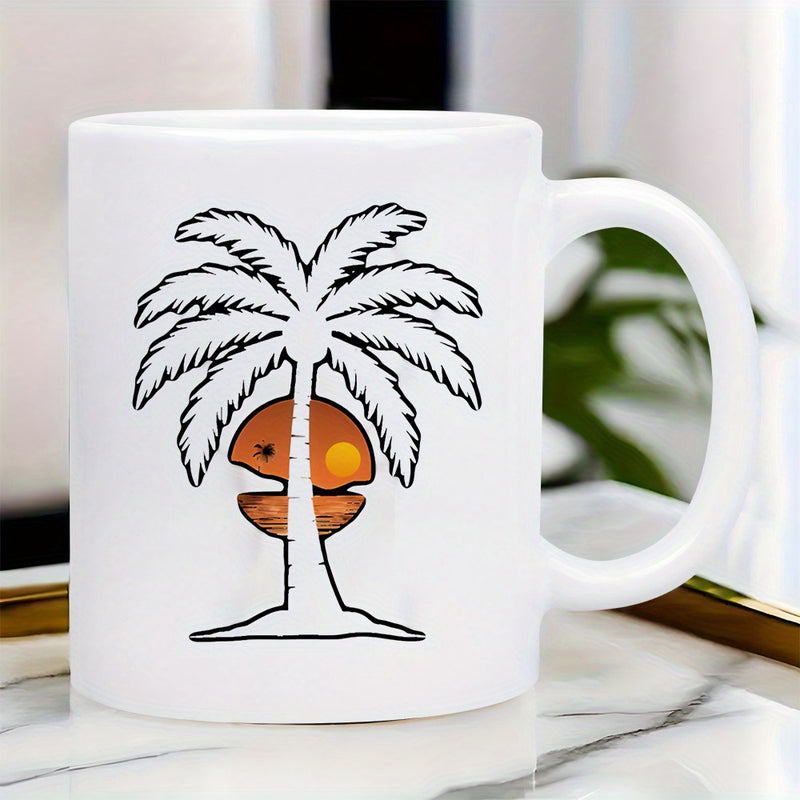 Tailorly White Ceramic 11 oz Mug - Minimalist Tropical Beach Sunset Glow Within Outline Of A Stylized Summer Palm Tree