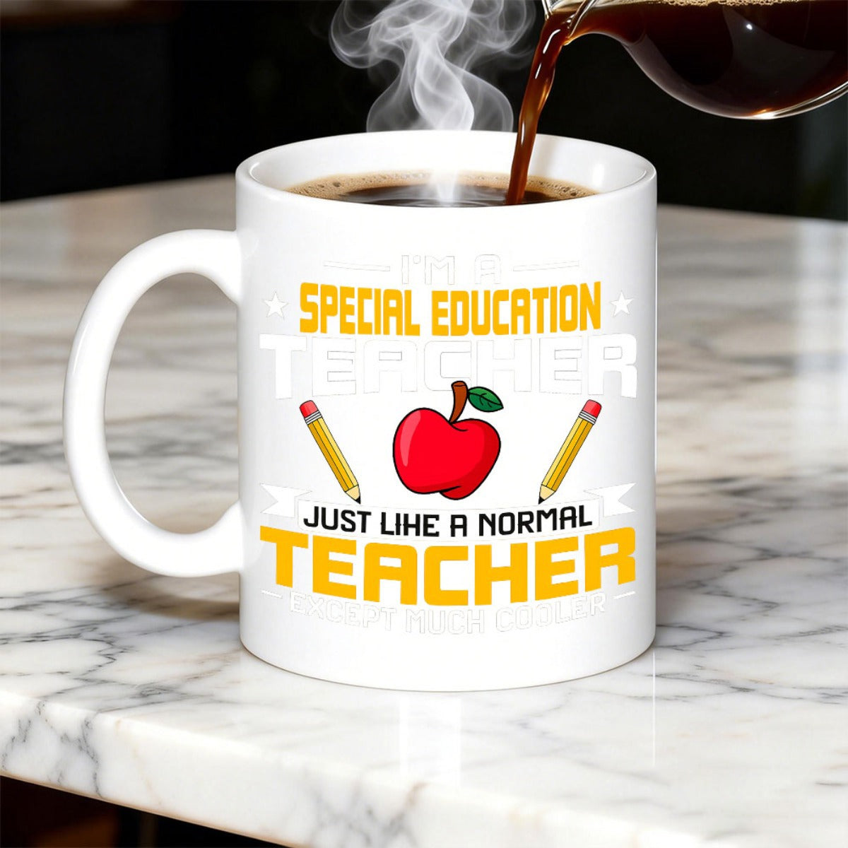 Tailorly White Ceramic 11 oz Mug - Special Education Teacher Just Like A Normal Teacher Vibrant Red Apple Flanked By Two Classic Yellow Wooden School Pencils Apple