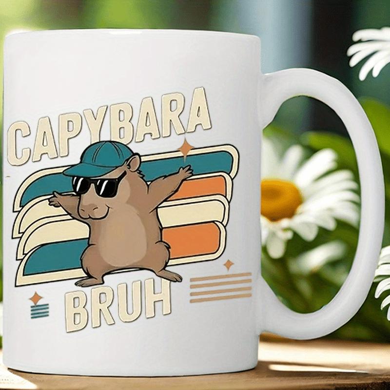 Tailorly White Ceramic 11 oz Mug - Capybara Bruh Cool Cartoon Animal Wearing Cap And Sunglasses Performing Dab Dance Move Capybara