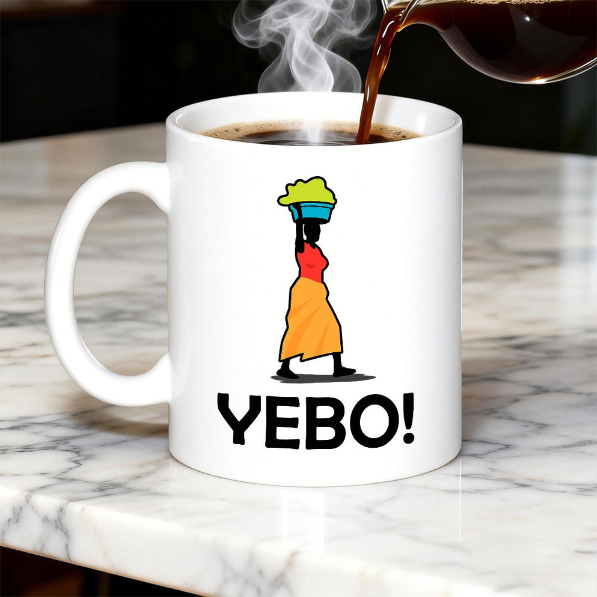 Tailorly White Ceramic 11 oz Mug - YEBO Traditional African Silhouette Carrying Goods Upon Her Head Woman