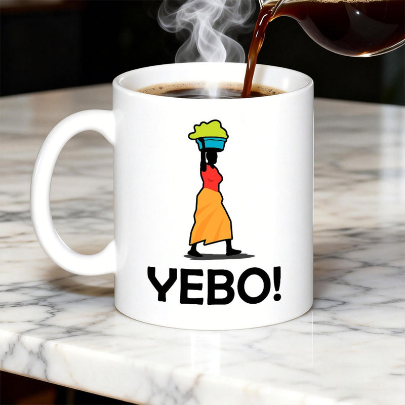Tailorly White Ceramic 11 oz Mug - YEBO Traditional African Silhouette Carrying Goods Upon Her Head Woman