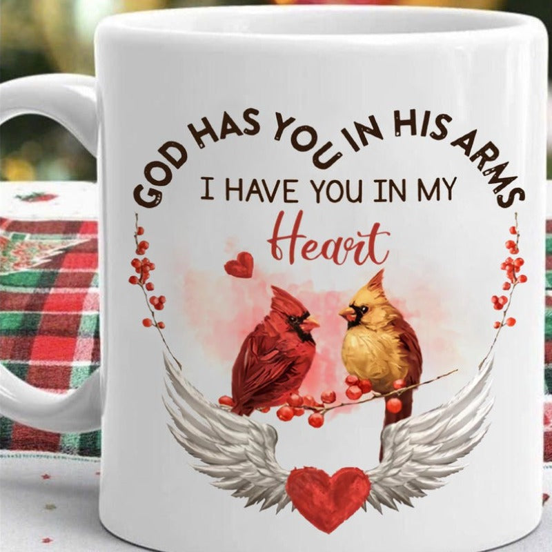 Tailorly White Ceramic 11 oz Mug - God Has You In His Arms I Have You In My Heart Two Peaceful Cardinals Perched On Branch Above Angelic Wings And Heart Cardinal