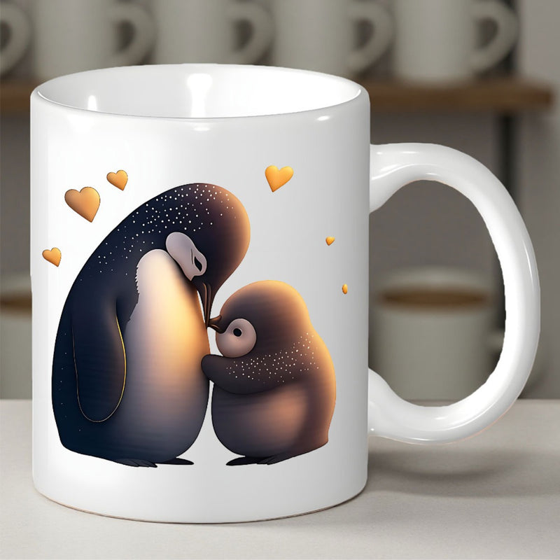 Tailorly White Ceramic 11 oz Mug - Adorable Adult And Baby Nuzzling Surrounded By Small Floating Golden Hearts Penguin
