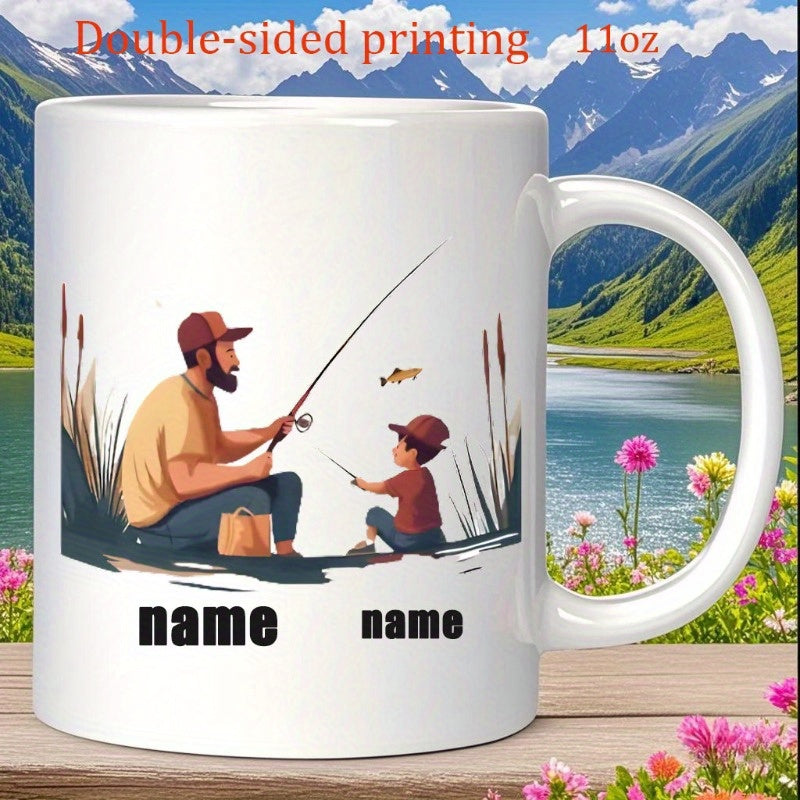 Tailorly White Ceramic 11 oz Mug - Name Name Father And Son Sitting Together Holding Fishing Rods By Calm Waters Fisherman