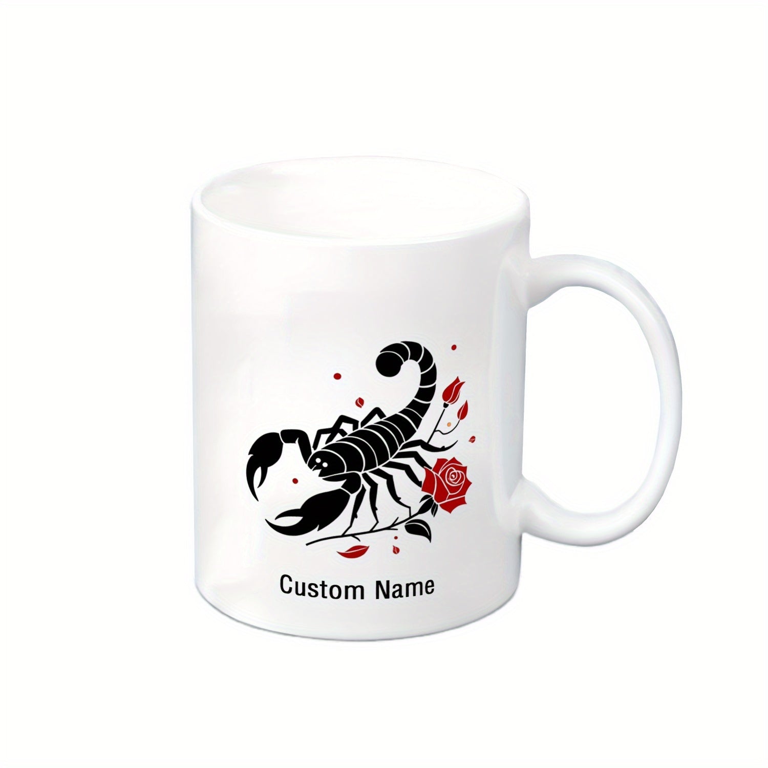Tailorly White Ceramic 11 oz Mug - Custom Name Detailed Black Silhouette Crawling Near Vibrant Red Floral Rose Scorpion