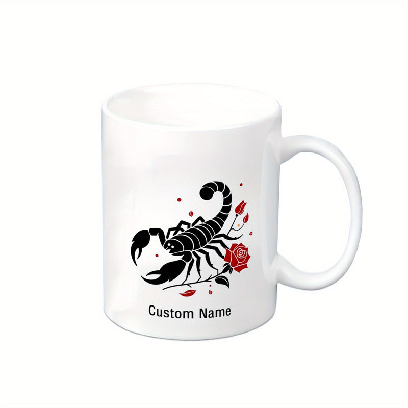Tailorly White Ceramic 11 oz Mug - Custom Name Detailed Black Silhouette Crawling Near Vibrant Red Floral Rose Scorpion