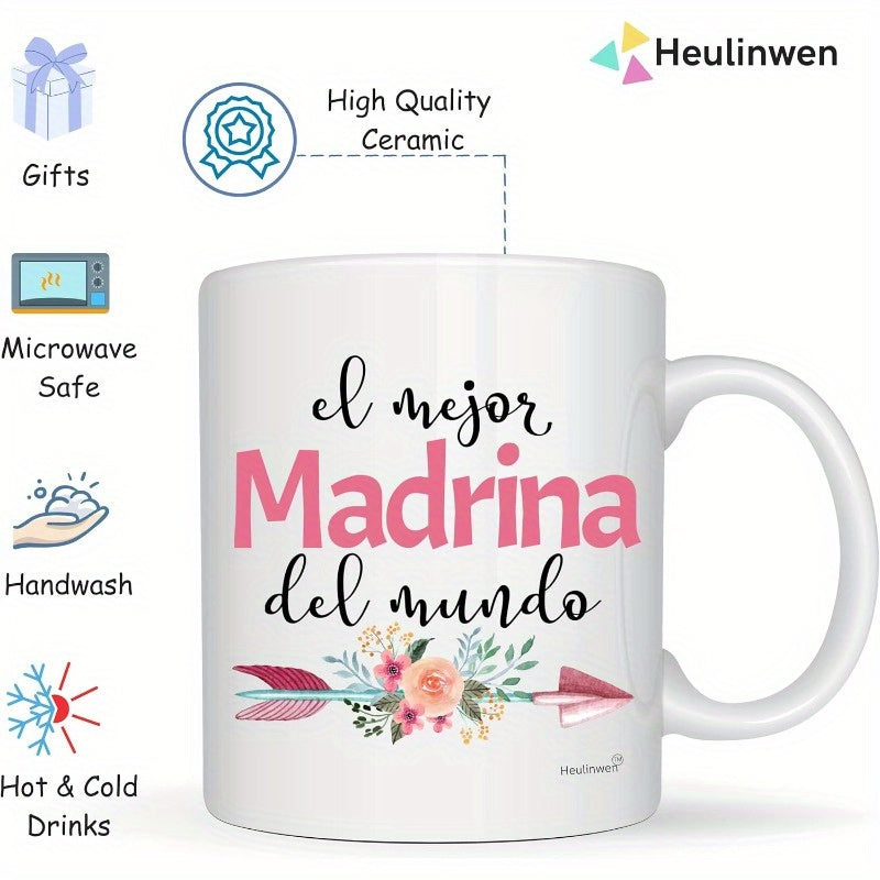 Tailorly White Ceramic 11 oz Mug - Elegant Hand Painted Flowers Blooming Over A Sharp Horizontal Tribal Arrow