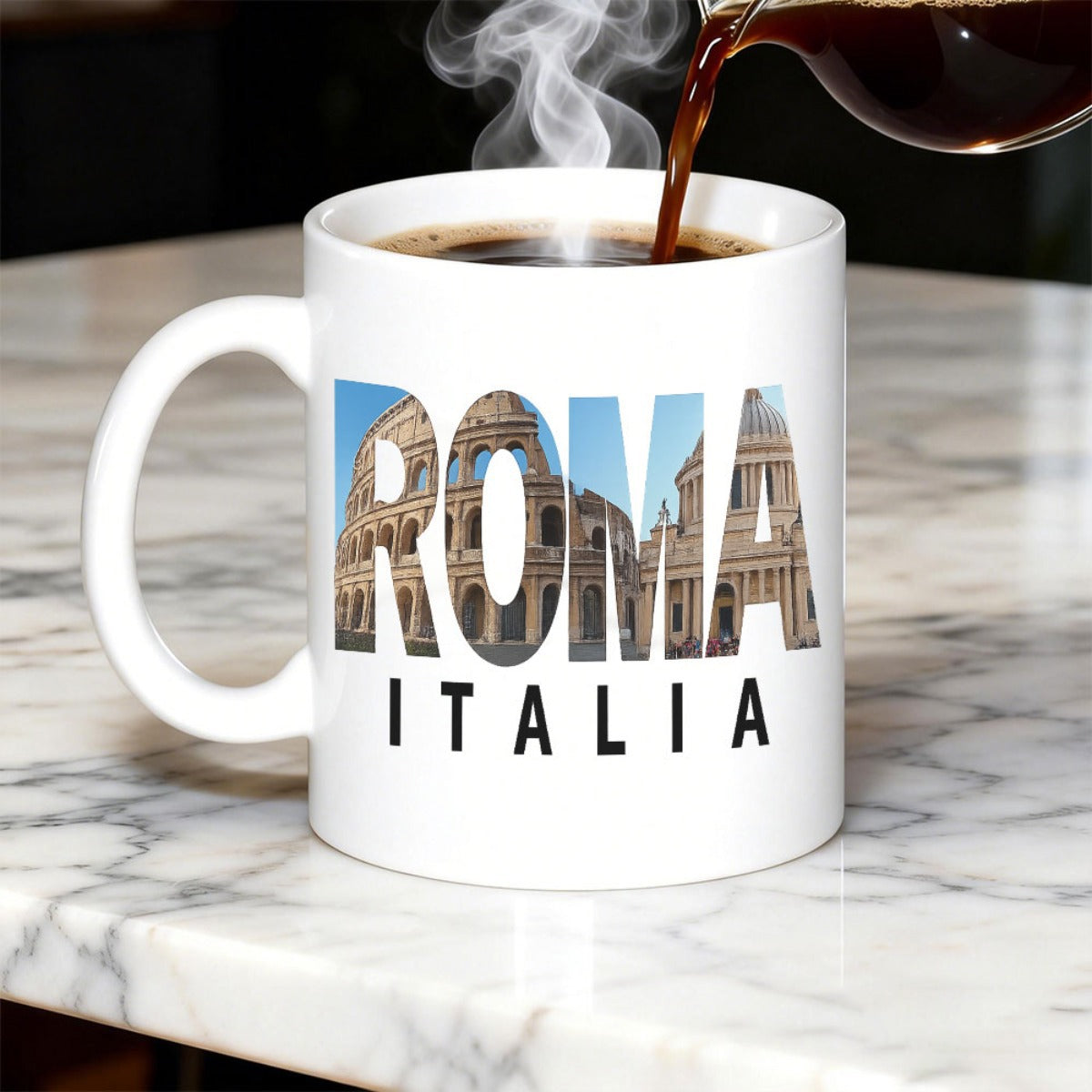 Tailorly White Ceramic 11 oz Mug - Roma Italia Ancient Architecture Pattern Within Large Bold Letters Featuring Historic Italian Landmarks Monument