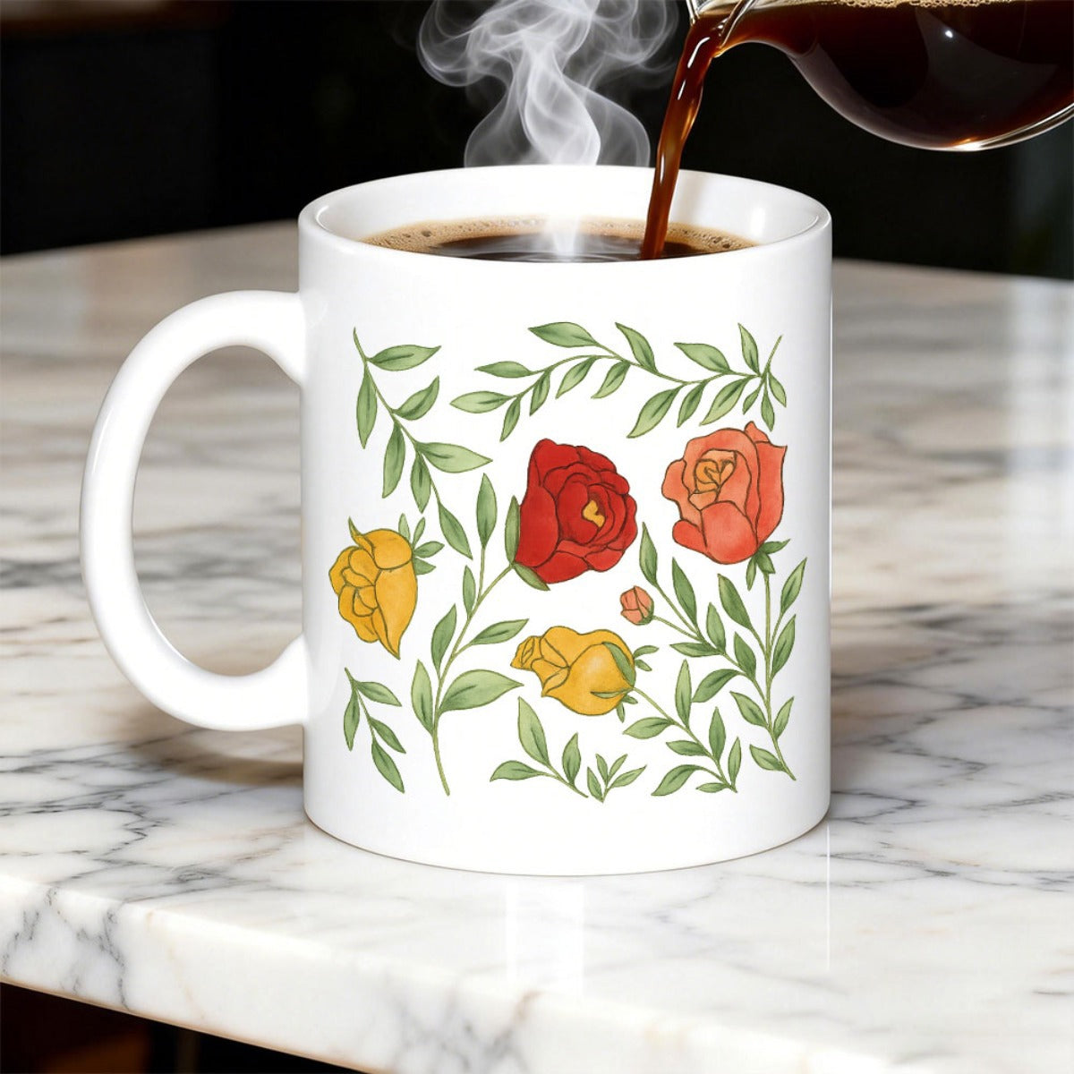 Tailorly White Ceramic 11 oz Mug - Elegant Watercolor Garden With Colorful Blooming Flowers Among Green Leaves Rose