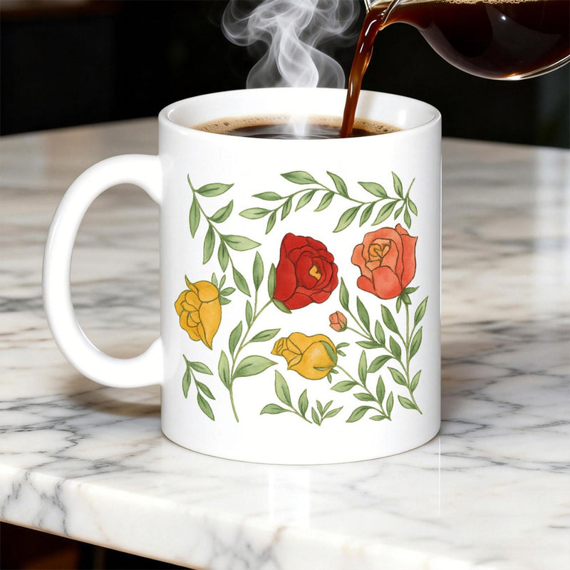 Tailorly White Ceramic 11 oz Mug - Elegant Watercolor Garden With Colorful Blooming Flowers Among Green Leaves Rose