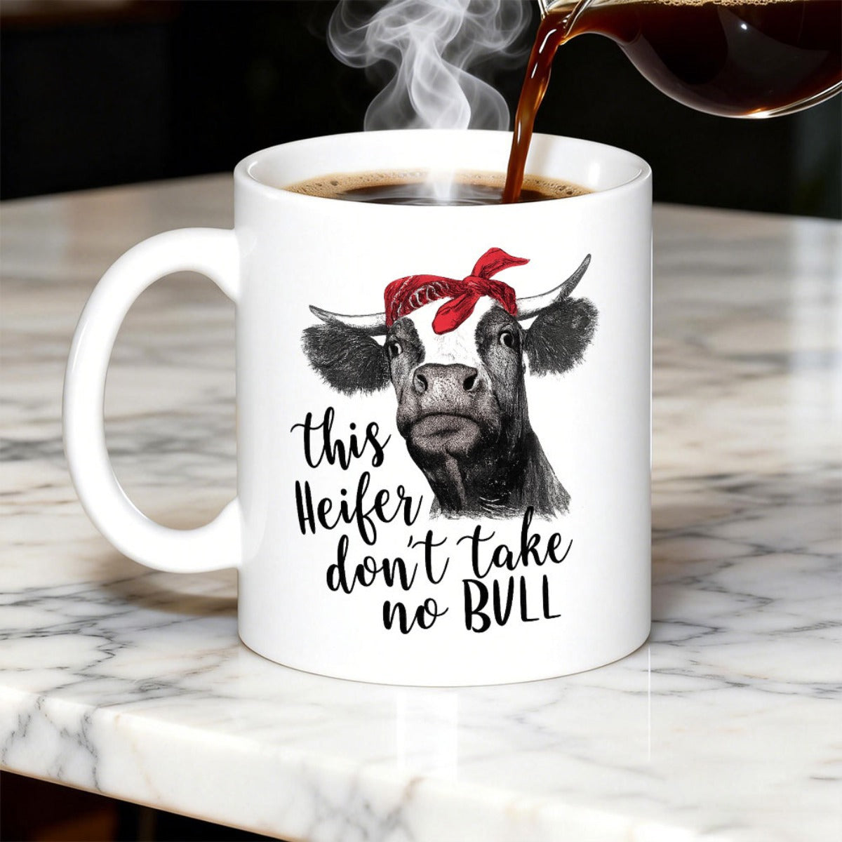 Tailorly White Ceramic 11 oz Mug - This Heifer Dont Take No Bull Hand Drawn Farmhouse Cow Wearing Red Bandana Under Artistic Style Heifer