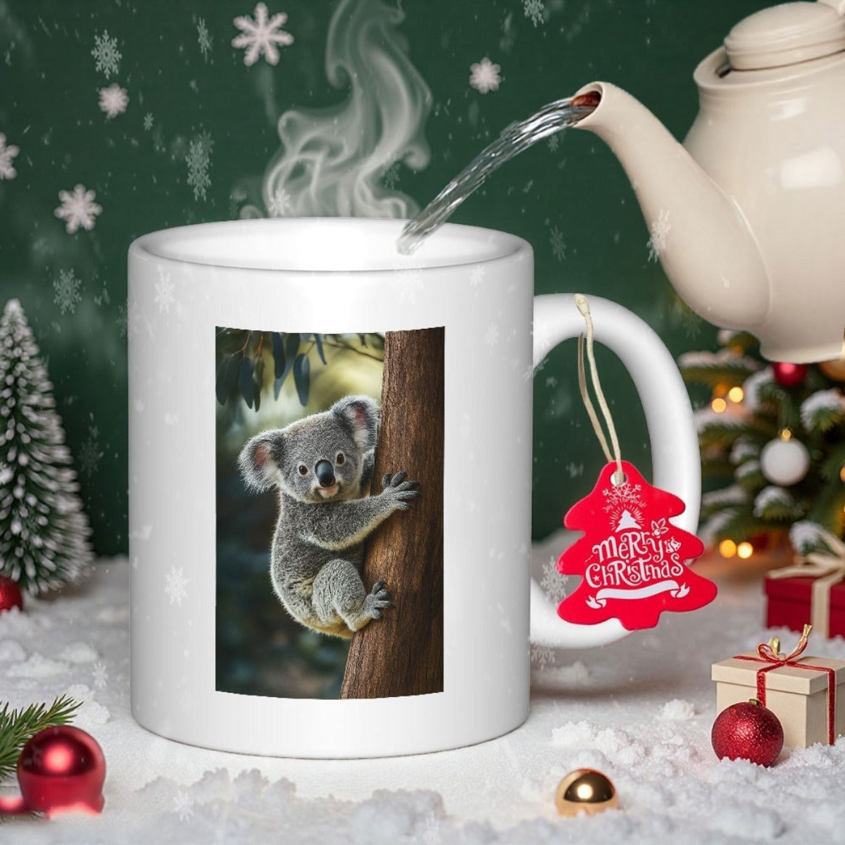 Tailorly White Ceramic 11 oz Mug - Merry Christmas Clinging To A Textured Tree Trunk Amidst Lush Green Forest Foliage Koala