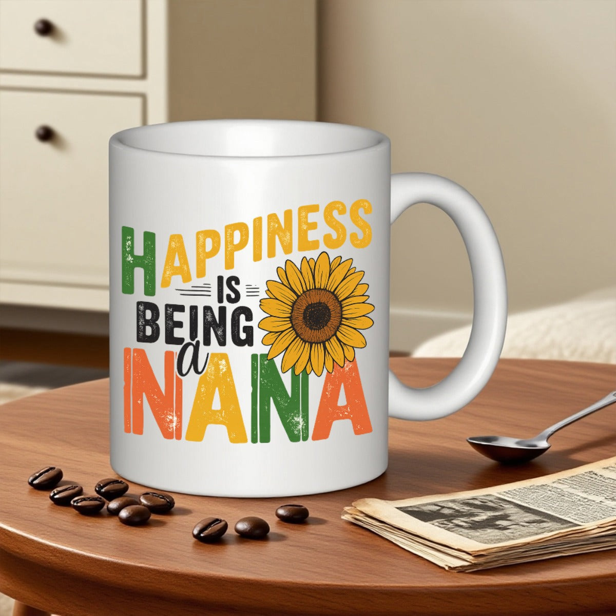 Tailorly White Ceramic 11 oz Mug - Happiness Is Being A Nana Vibrant Blooming Yellow Sunflower With Textured Petals And Warm Summer Colors Sunflower