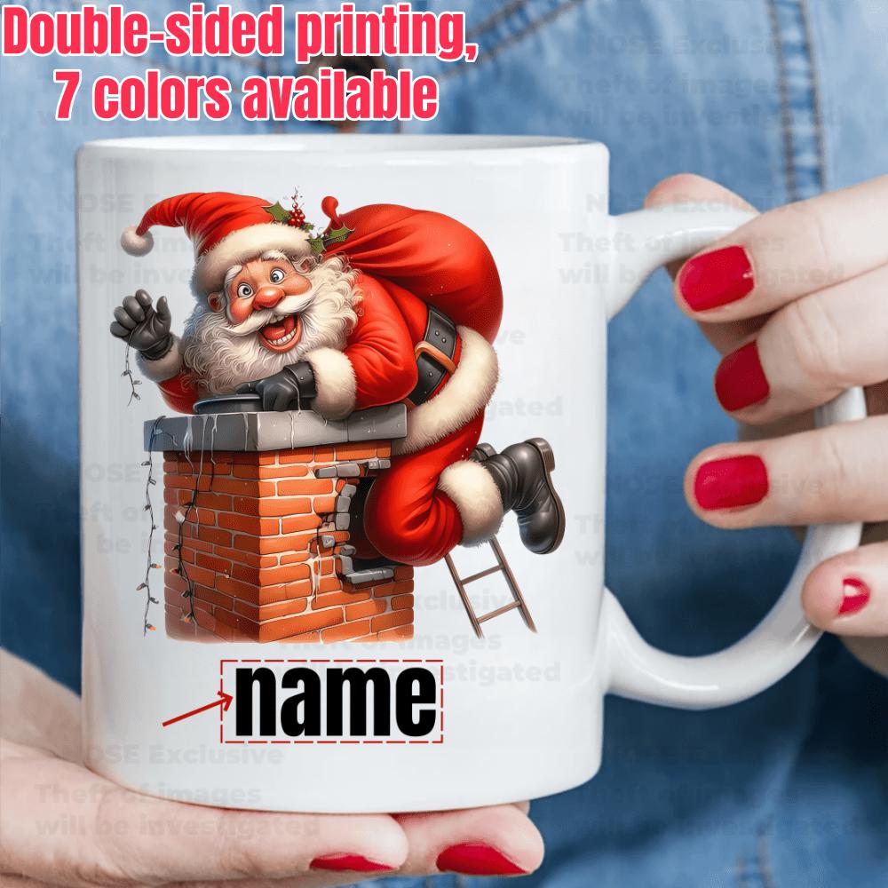 Tailorly White Ceramic 11 oz Mug - Name Cheerful Santa Entering A Traditional Brick Chimney Carrying A Large Sack Santa