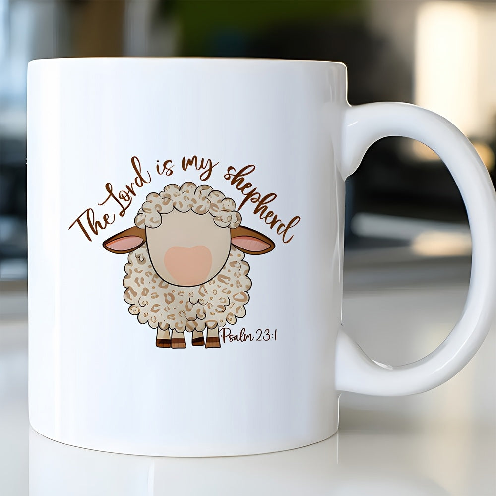 Tailorly White Ceramic 11 oz Mug - The Lord Is My Shepherd Psalm 23 1 Cute Hand Drawn Illustration Of A Fluffy Wooly Farm Animal Sheep