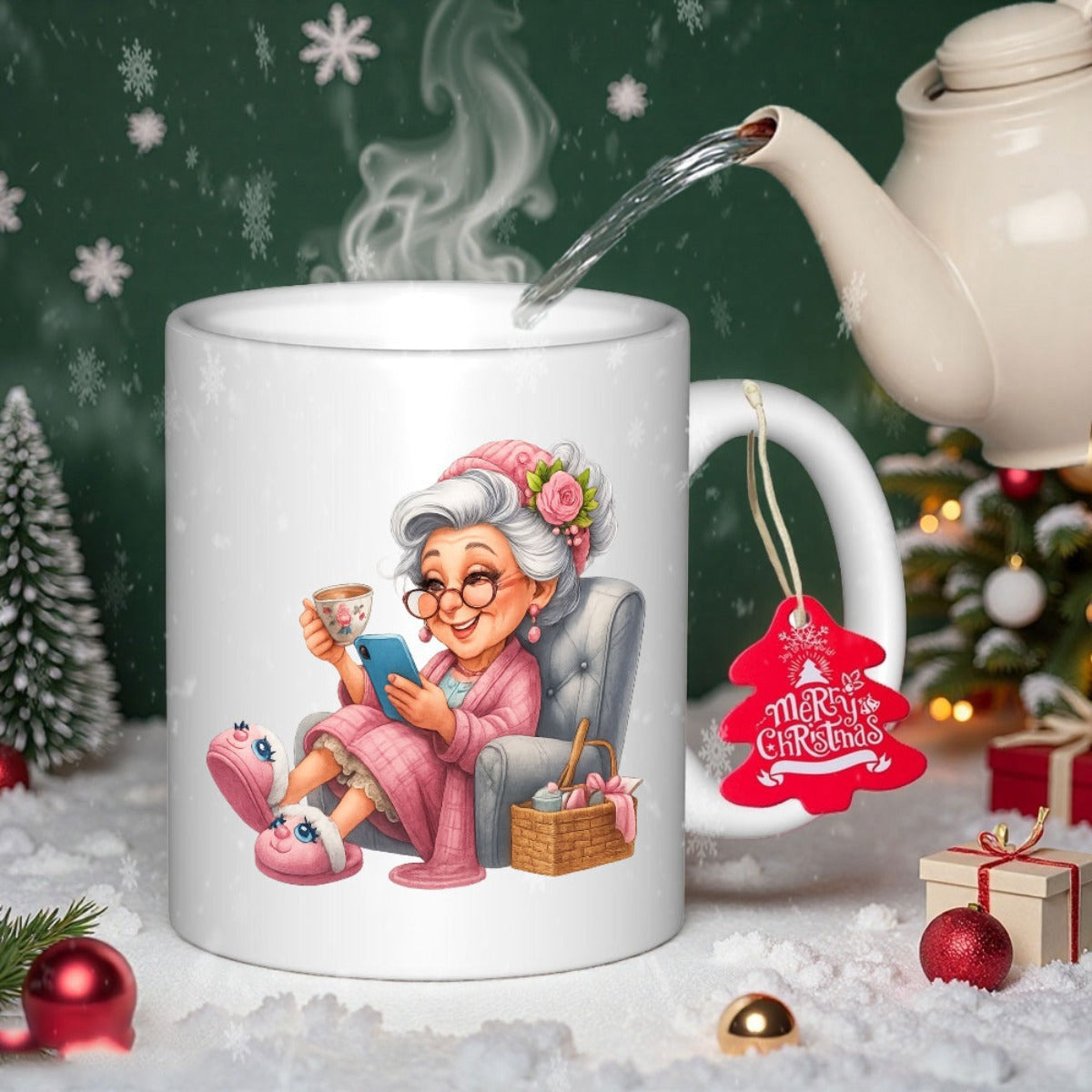Tailorly White Ceramic 11 oz Mug - Merry Christmas Relaxing Cozy Elderly Woman Sitting In Armchair With Coffee And Phone Grandmother