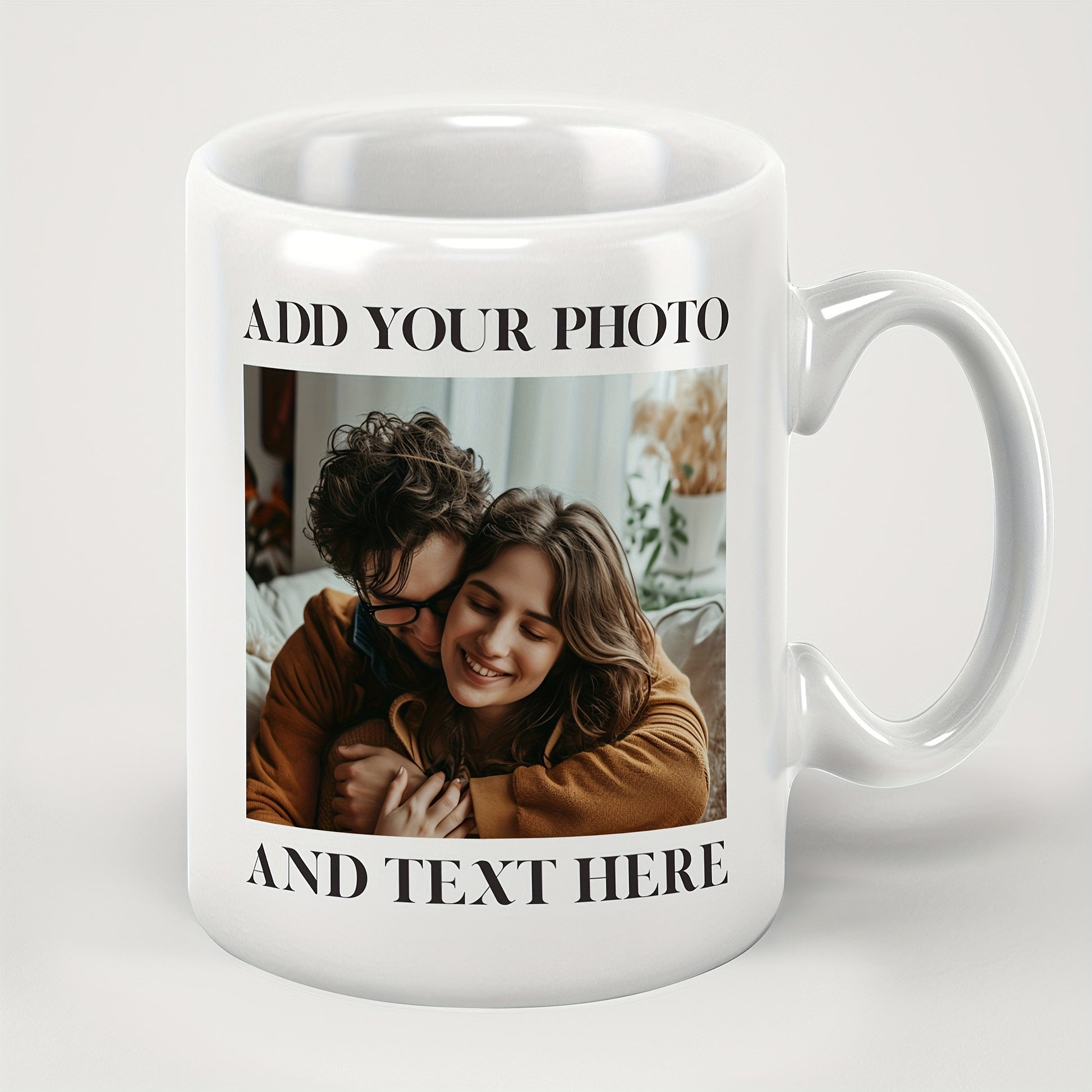 Tailorly White Ceramic 11 oz Mug - Add Your Photo And Text Here Loving Young Couple Embracing Within A Cozy Indoor Setting Warm Couple