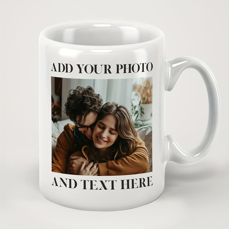 Tailorly White Ceramic 11 oz Mug - Add Your Photo And Text Here Loving Young Couple Embracing Within A Cozy Indoor Setting Warm Couple