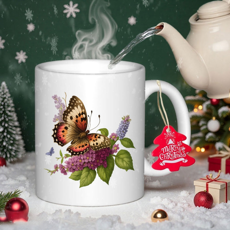 Tailorly White Ceramic 11 oz Mug - Merry Christmas Beautiful Monarch Style Wings Resting On Purple Blossoms And Green Leaves Butterfly