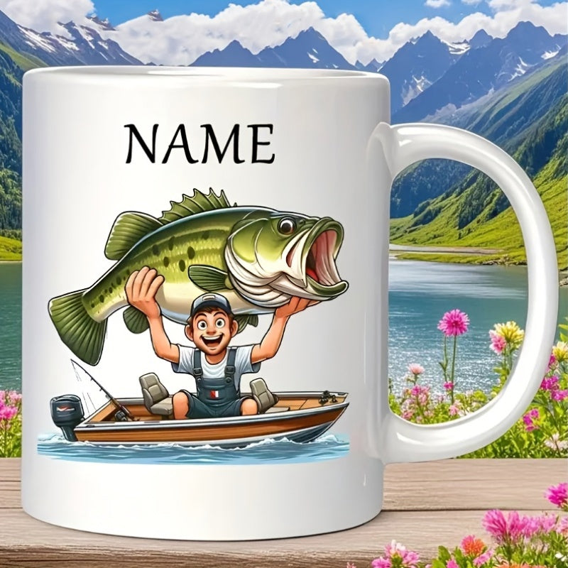 Tailorly White Ceramic 11 oz Mug - Name Cheerful Young Boy Sitting In Small Boat Holding A Giant Bass Fisherman