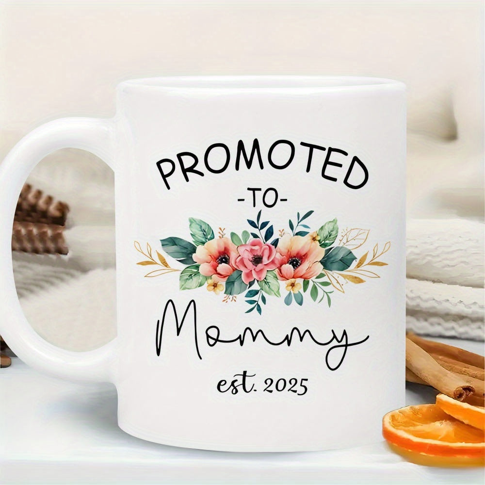 Tailorly White Ceramic 11 oz Mug - Promoted To Mommy Est 2025 Elegant Soft Watercolor Bouquet With Green Leaves And Blooming Petals Flower