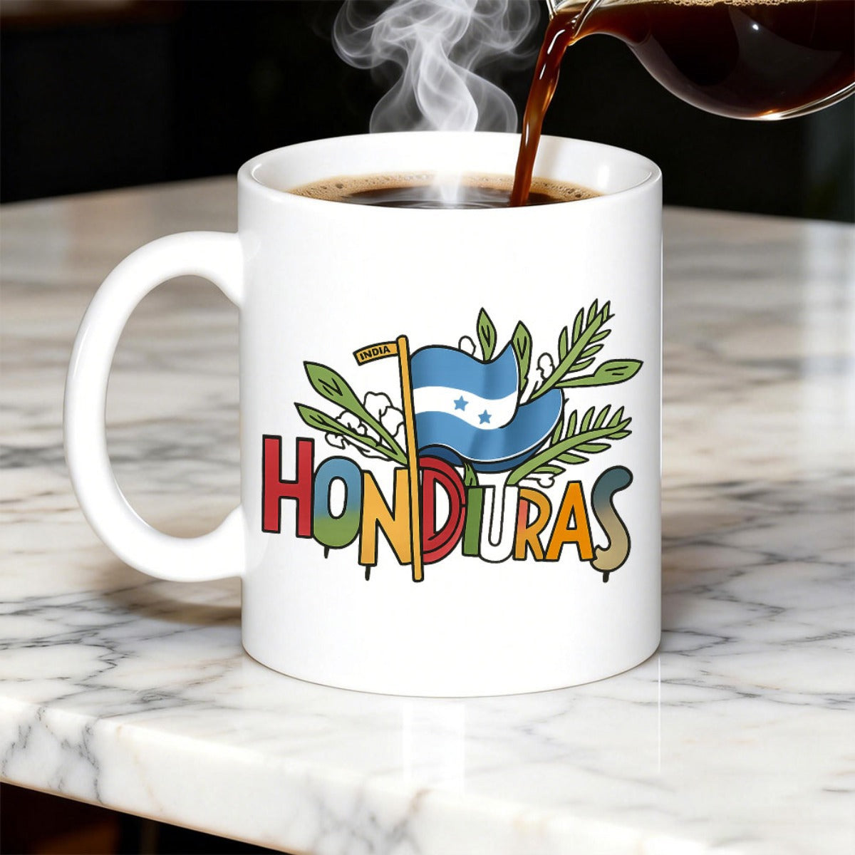Tailorly White Ceramic 11 oz Mug - Honduras Vibrant National Colors Surrounded By Tropical Green Leaves And Foliage Flag
