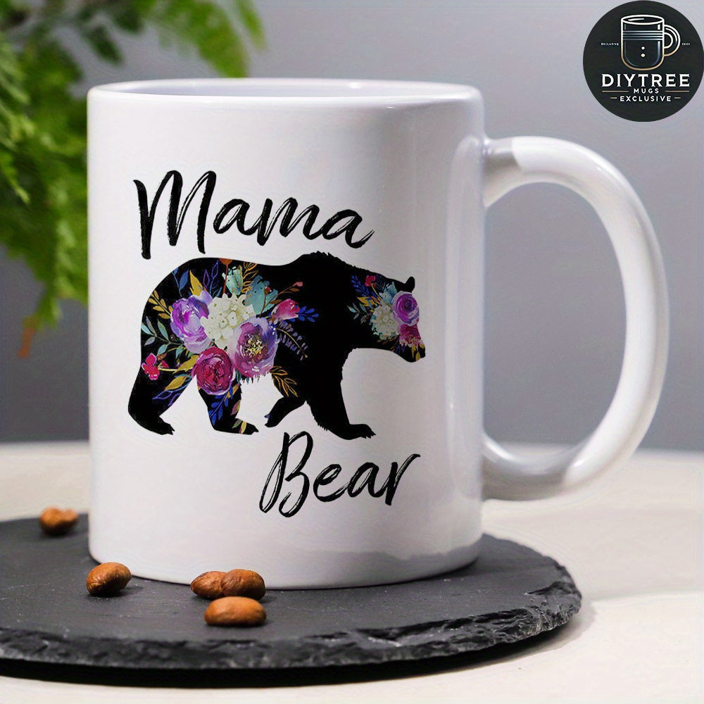 Tailorly White Ceramic 11 oz Mug - Mama Bear Silhouette Pattern With Vibrant Purple And White Flowers Inside A Walking Bear