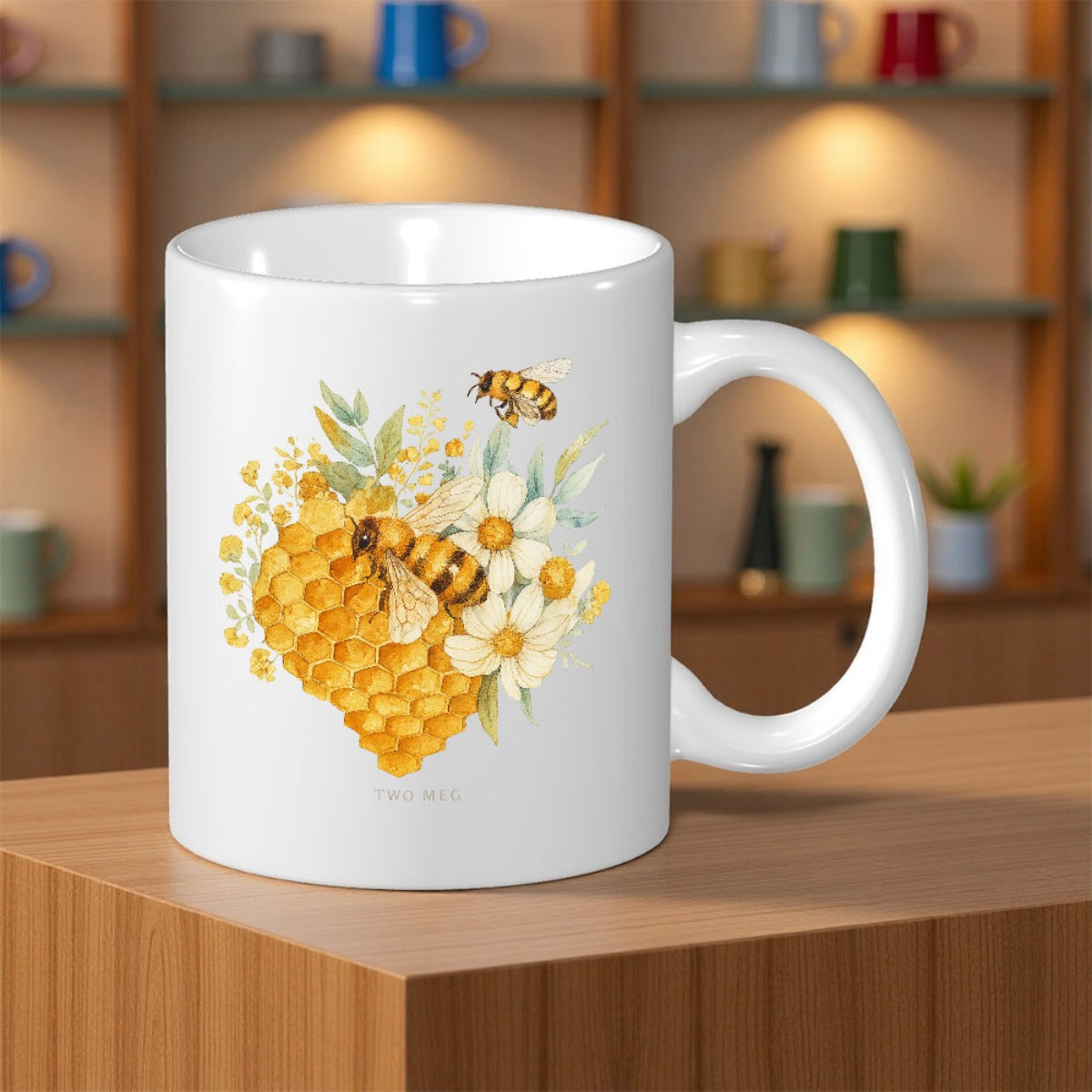 Tailorly White Ceramic 11 oz Mug - Delicate Watercolor Honeycomb With Blooming Daisies And Golden Nectar Harvesting Honeybee