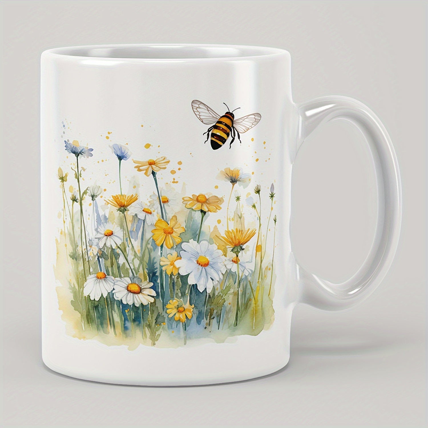 Tailorly White Ceramic 11 oz Mug - Watercolor Wildflowers With A Busy Bumblebee Hovering Over Gentle Petals Bee
