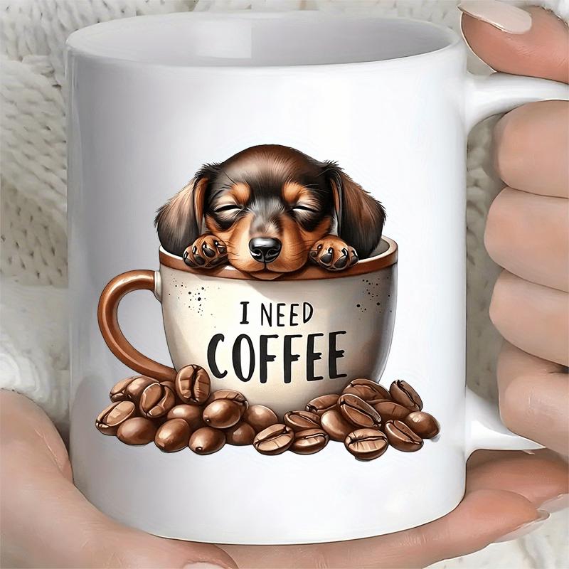 Tailorly White Ceramic 11 oz Mug - I Need Coffee Sleeping Adorable Puppy Resting In Small Cup Among Roasted Beans Dachshund
