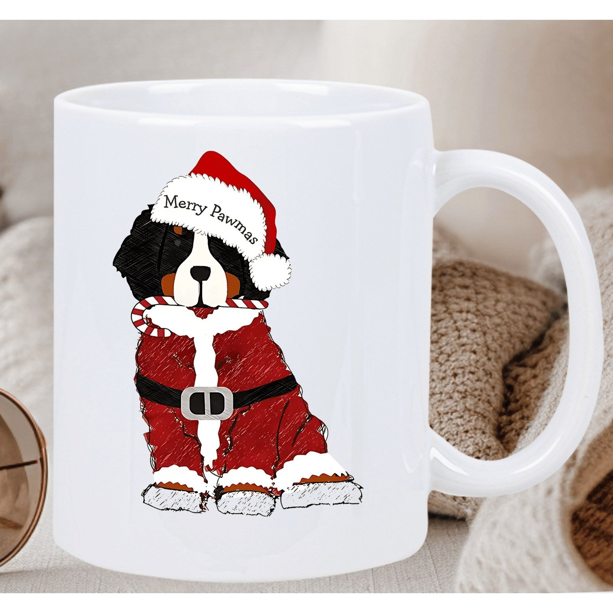 Tailorly White Ceramic 11 oz Mug - Merry Pawsmas Bernese Mountain Dog Wearing Festive Red Santa Suit And Hat Bernese Mountain Dog