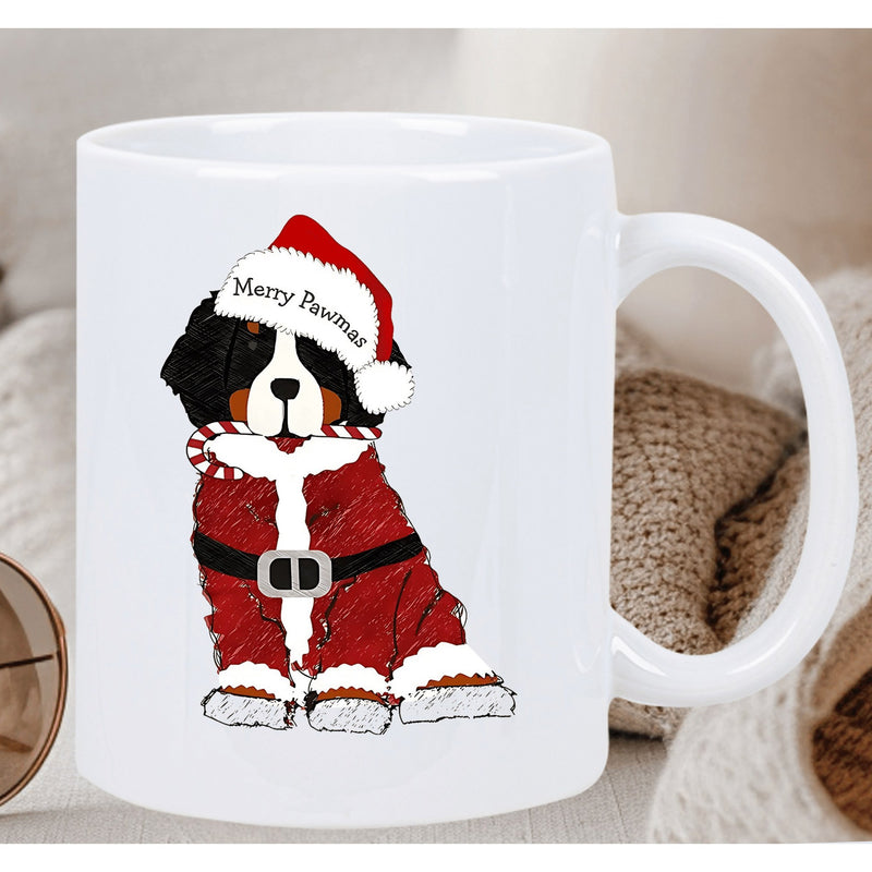 Tailorly White Ceramic 11 oz Mug - Merry Pawsmas Bernese Mountain Dog Wearing Festive Red Santa Suit And Hat Bernese Mountain Dog
