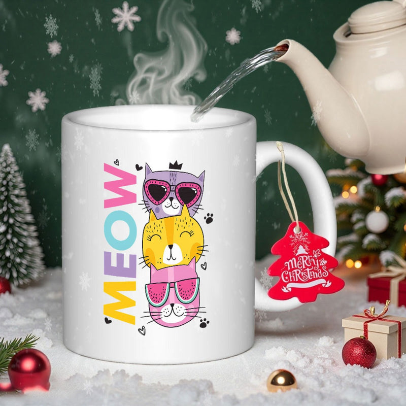 Tailorly White Ceramic 11 oz Mug - Meow Three Playful Cartoon Cats Stacked Vertically Wearing Stylish Pink Sunglasses Cat