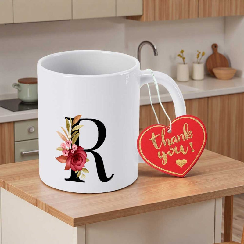 Tailorly White Ceramic 11 oz Mug - Thank You Elegant Floral Pattern Decorated With Blooming Red Roses And Initial Letter