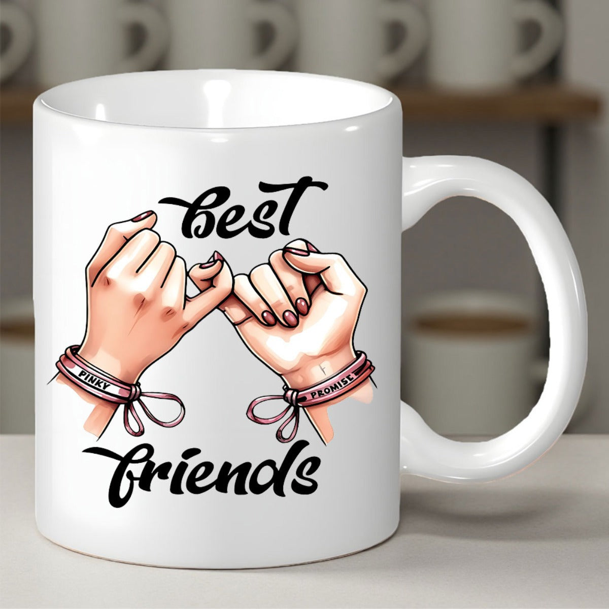 Tailorly White Ceramic 11 oz Mug - Best Friends Two Feminine Hands Making A Pinky Promise With Small Bracelets Hands