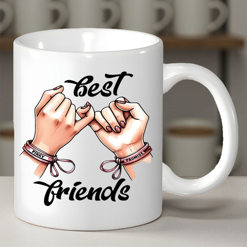 Tailorly White Ceramic 11 oz Mug - Best Friends Two Feminine Hands Making A Pinky Promise With Small Bracelets Hands