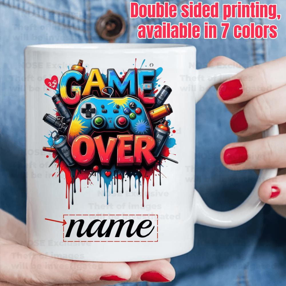 Tailorly White Ceramic 11 oz Mug - Game Over Name Vibrant Colorful Graffiti Paint Splashes With Spray Cans Controller