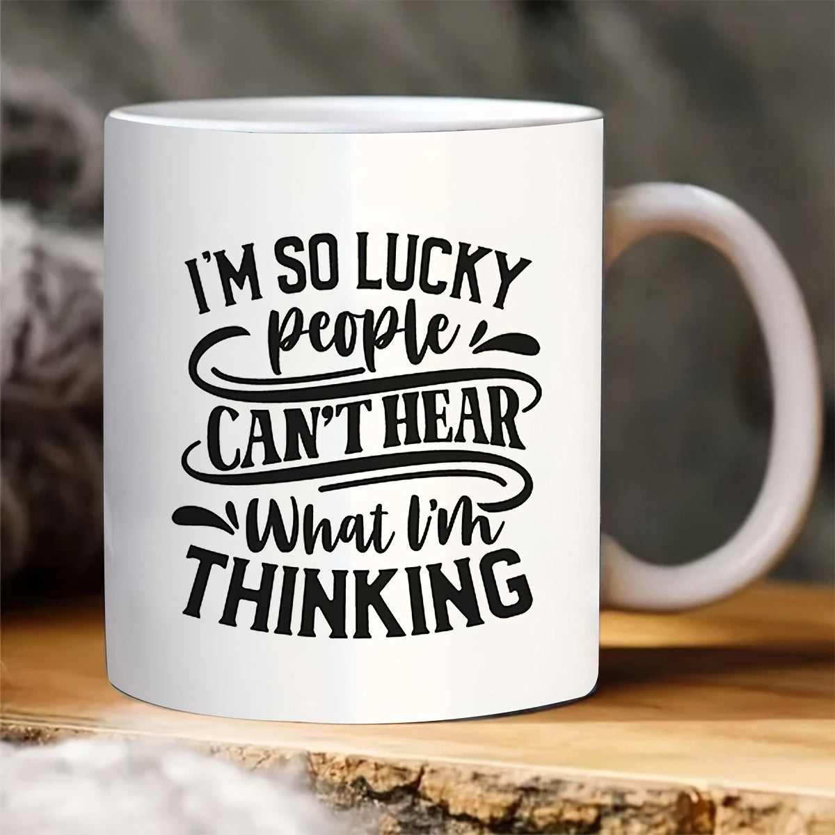 Tailorly White Ceramic 11 oz Mug - I'm So Lucky People Can't Hear What I'm Thinking Sarcastic Quote With Elegant Swirls And Bold Black Lettering Typography