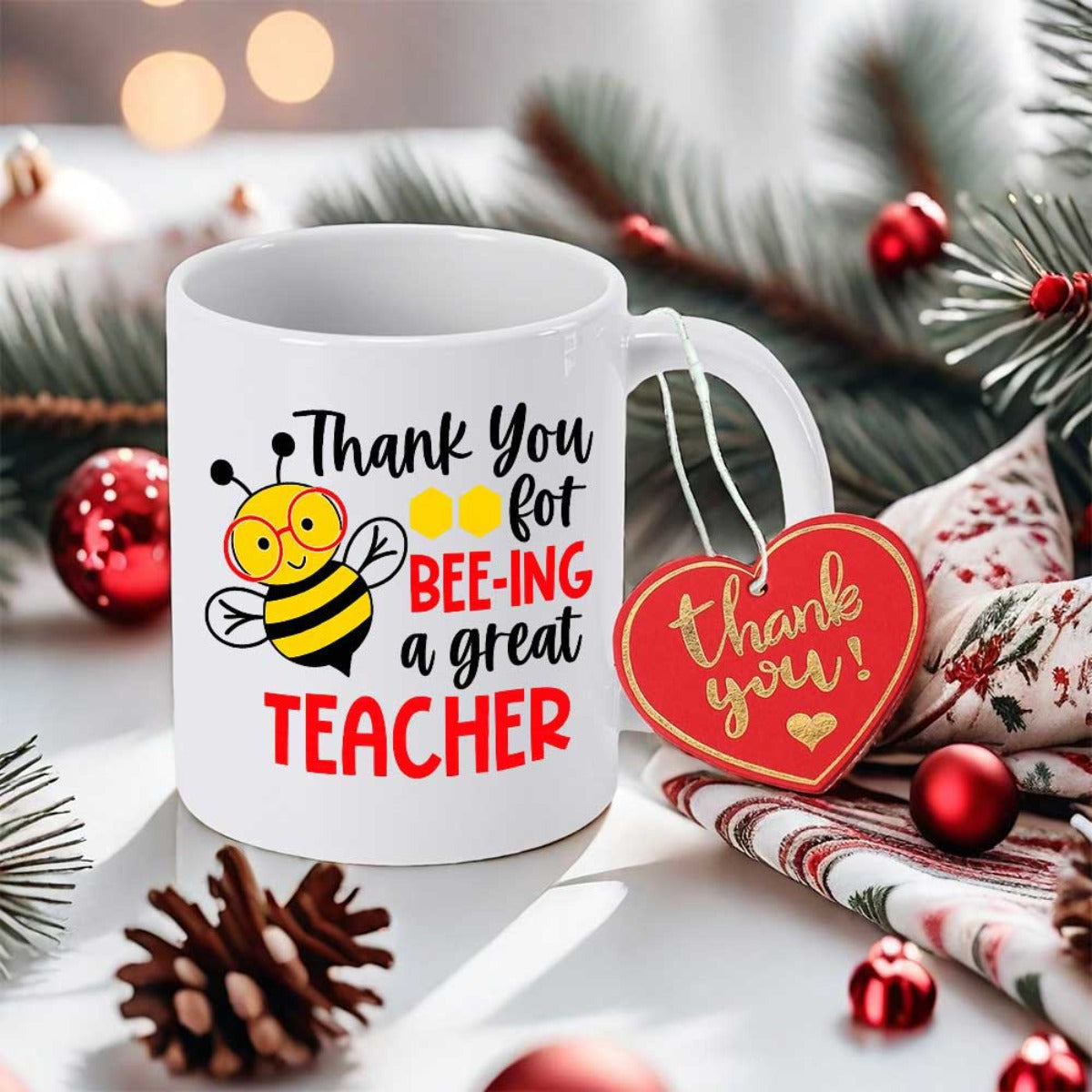 Tailorly White Ceramic 11 oz Mug - Thank You For Bee Ing A Great Teacher Smiling Friendly Cartoon Character Wearing Glasses Hovering Near Heart Bee
